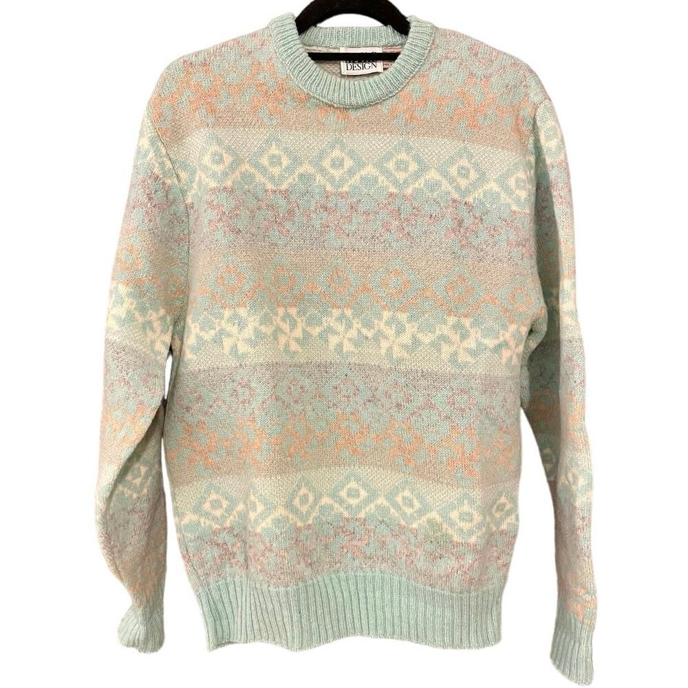 Vintage 80s Shetland Wool Aqua Patterned Sweater Adult Large